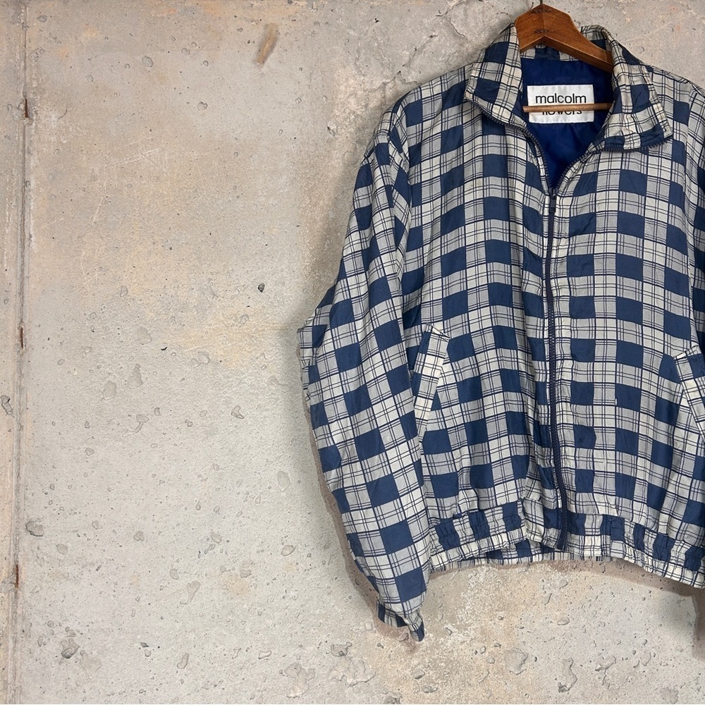 Vintage 80s Malcom flowers navy off white plaid zip up silk bomber jacket